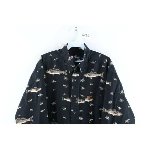 Vintage 90s Chaps Ralph Lauren Mens Large Fish All Over Print Button Shirt Black - Picture 2 of 9